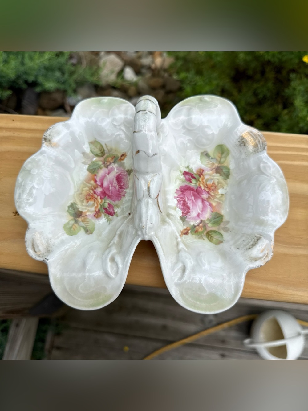 Vintage Floral Porcelain Double  - White with Pink Rose Decals lobster plate